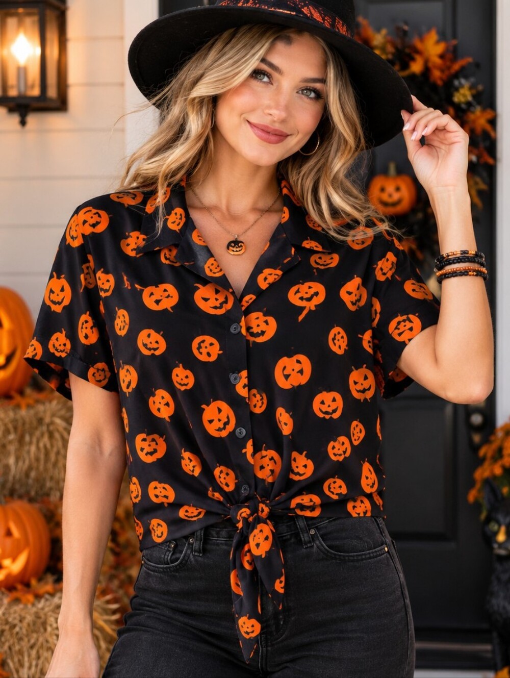 Spirit Halloween Jack O' Lantern Pumpkin Tie Front Button Down Shirt Size Small